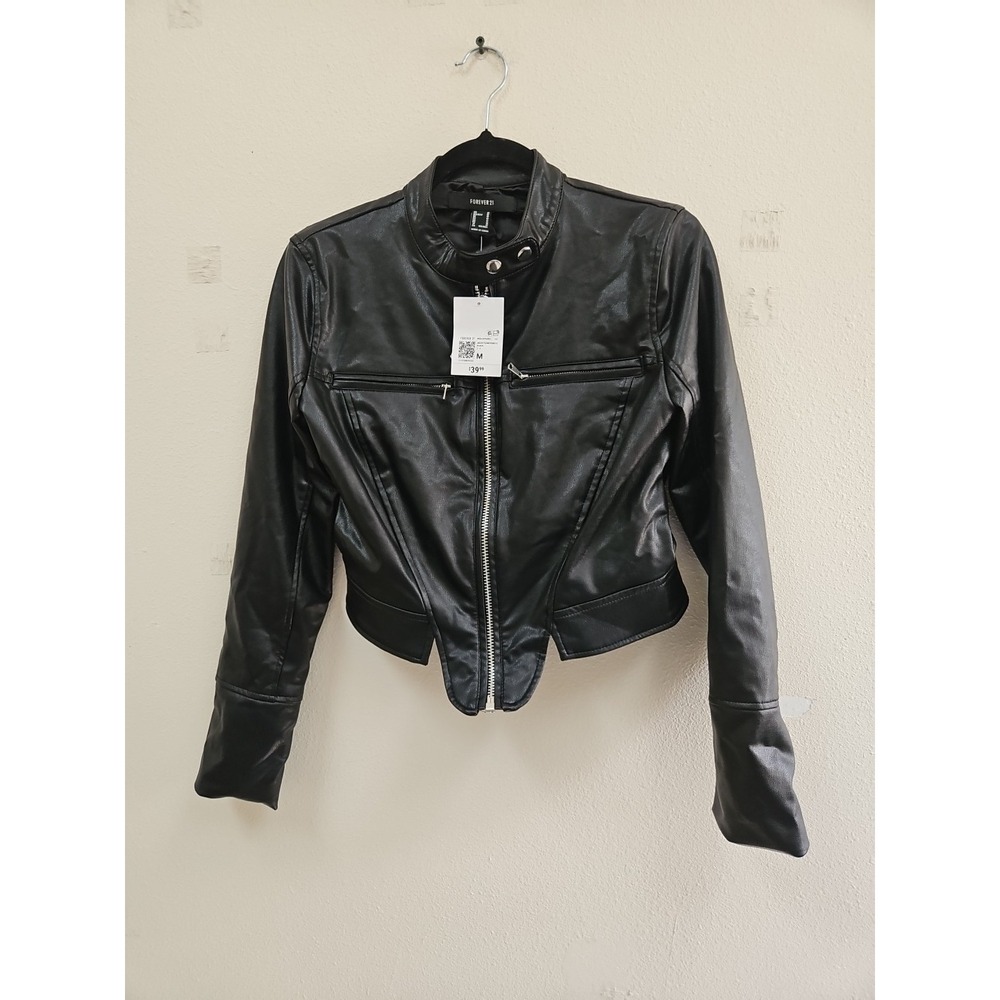Forever 21 Women's Faux Leather Jacket Moto Motorcycle Biker Black Med NWT